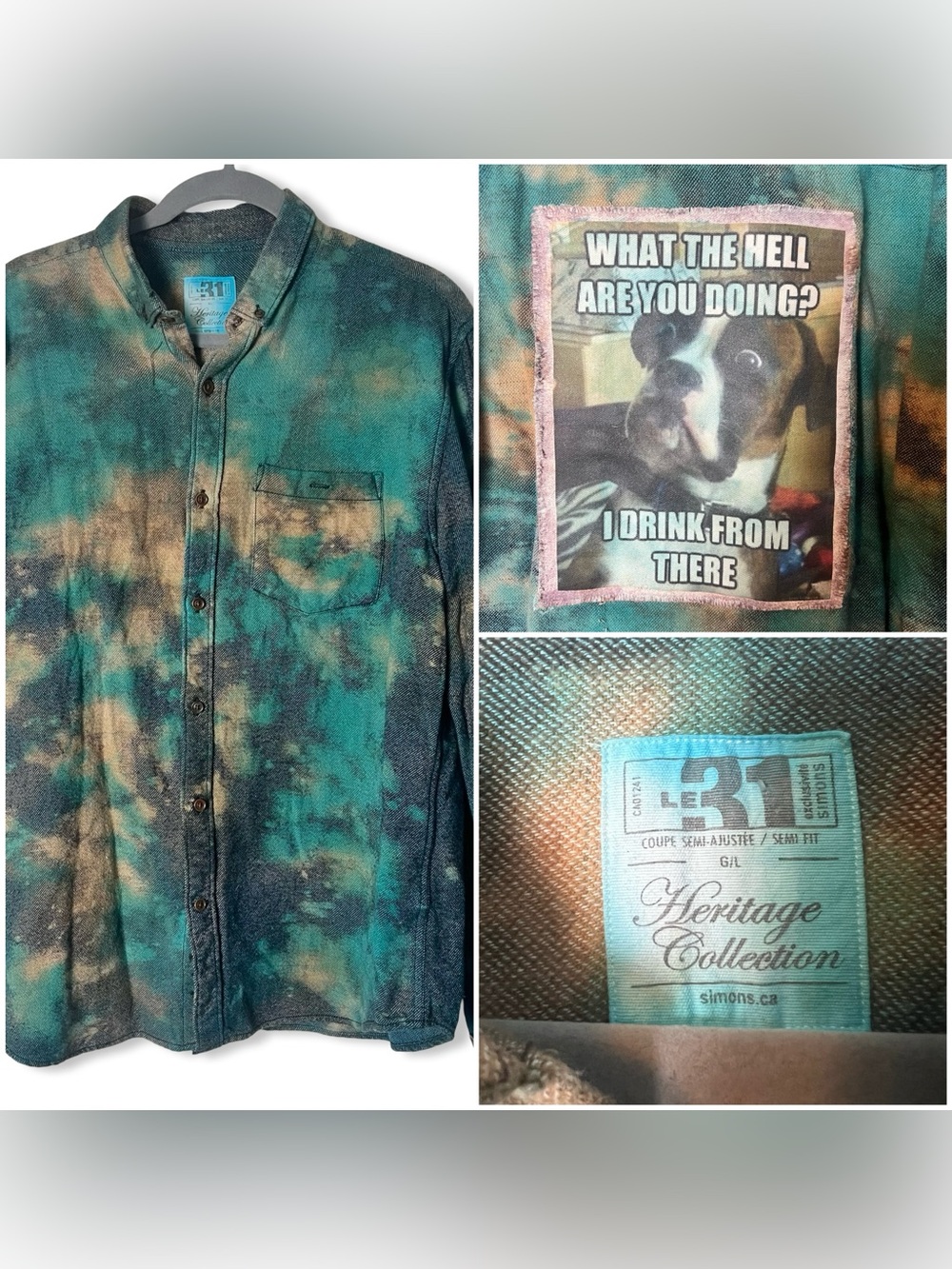 Le 31 Simons Heritage Reworked Bleached Flannel‎ Dog Meme Patch Shirt Sz. L
